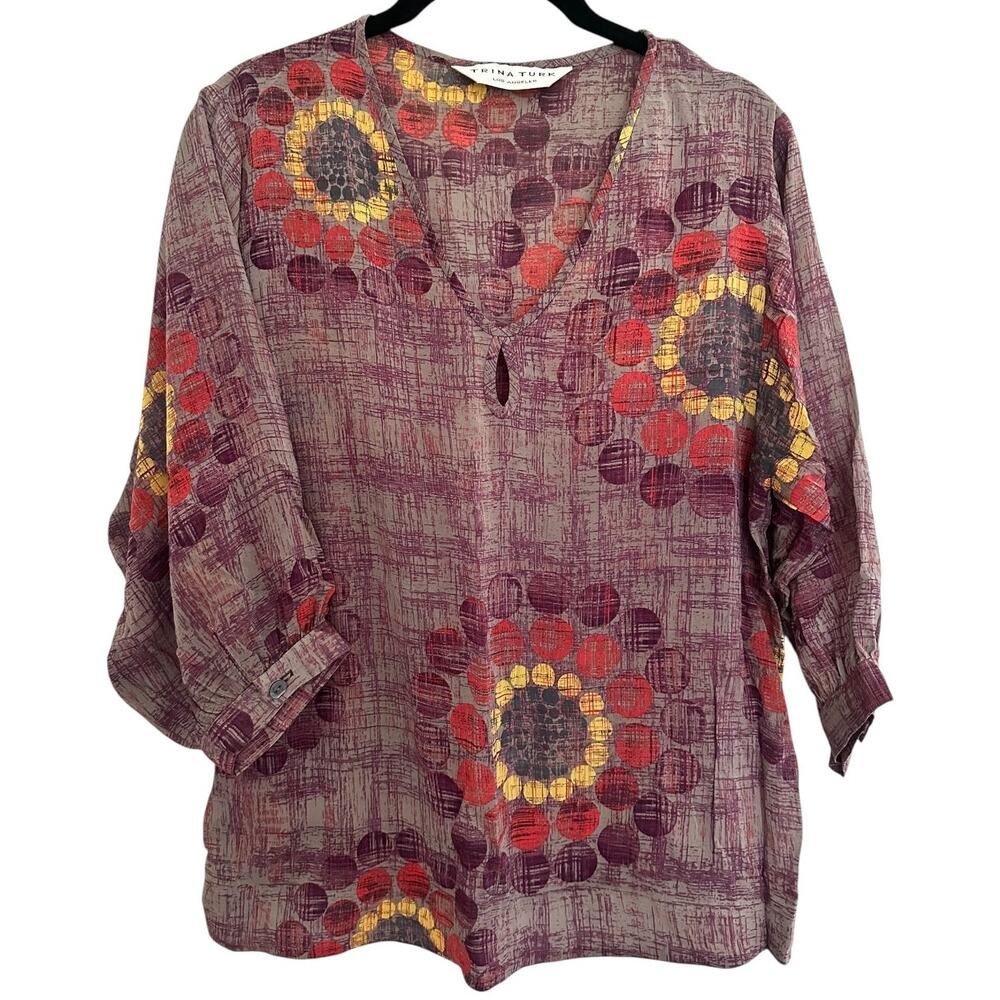 Trina Turk Silk Boho Top Womens Small 3/4 Sleeve Blouse Pullover v-neck Loose